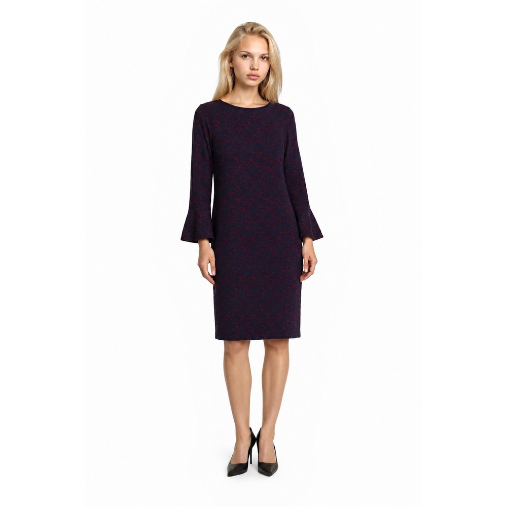 NEW Tiana B Dress Women's Size 14 Burgundy Navy‎ Leopard Bell Long Sleeve